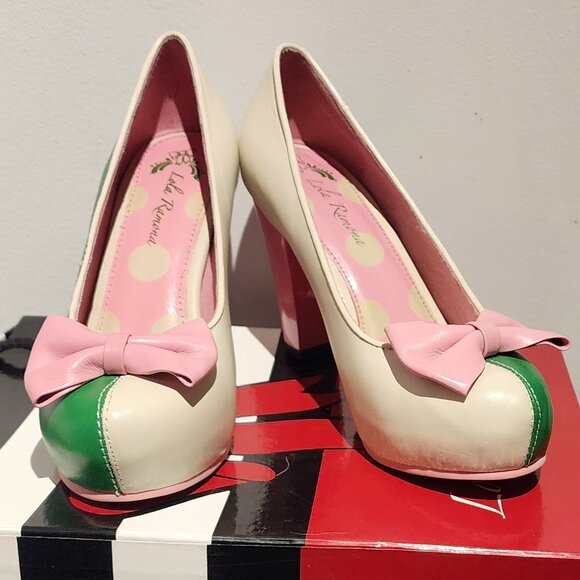 Lola Ramona Green and Off-White Leather Heels with Pink Bow Angie P - Picture 5 of 13
